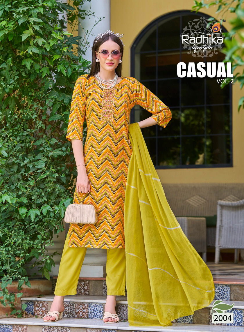 Casual Vol 2 By Radhika Rayon Printed Kurti With Bottom Dupatta Wholesale Shop In Surat